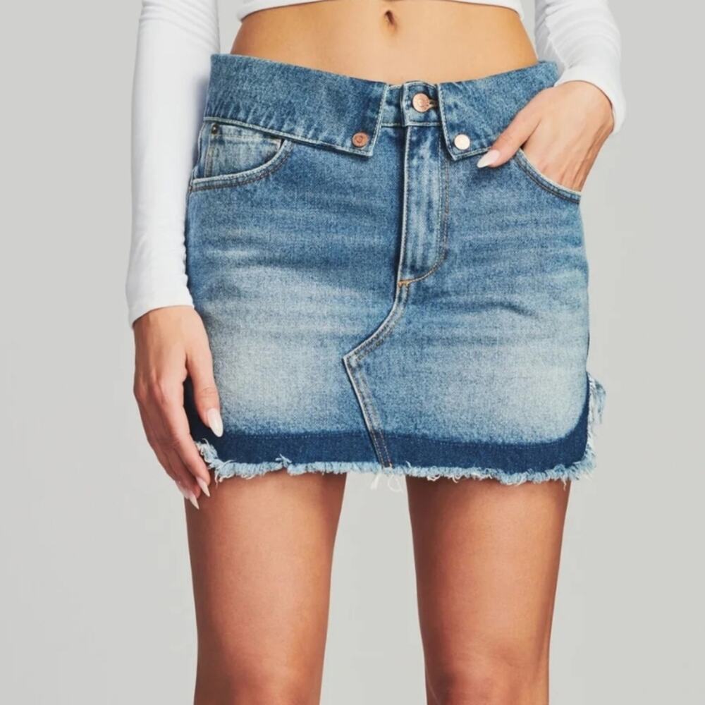 SER.O.YA Holly Denim Mini Skirt Foldover Waist 30 Blue Distressed Retrofete NWT